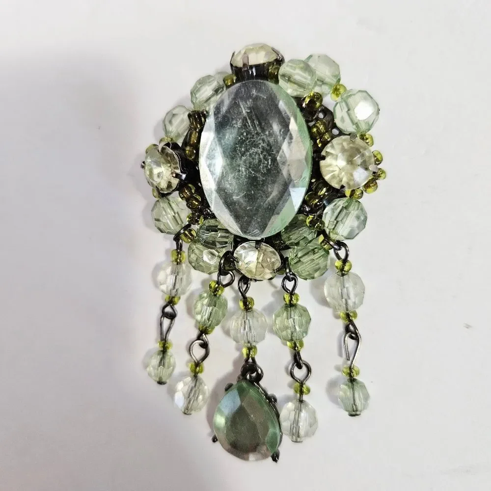 Vintage Victorian Revival Green Rhinestone Beaded Dangle Teardrop Brooch Pin